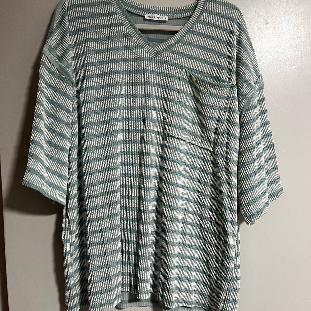 Mint and White Striped oversized V-Neck Top
